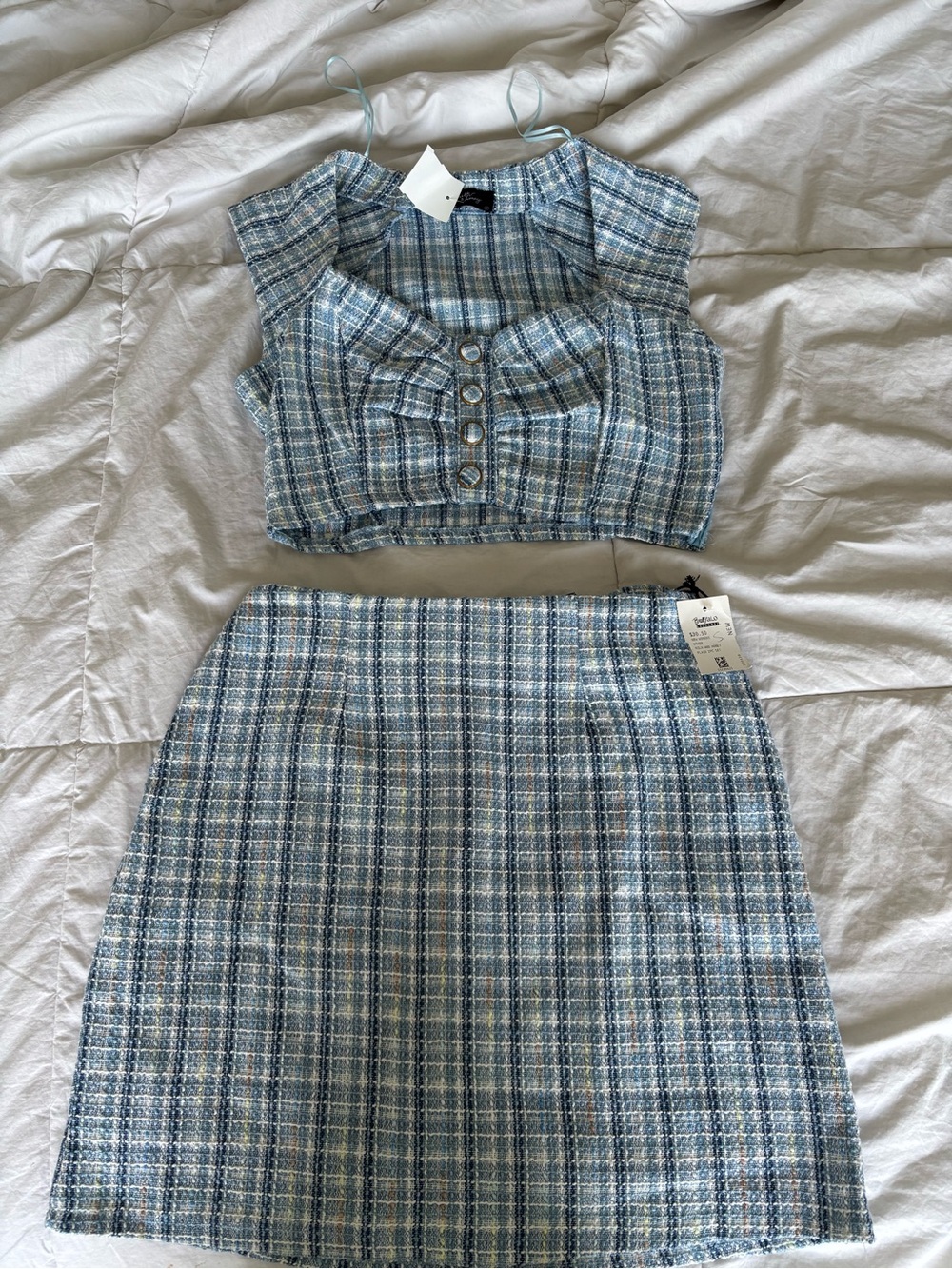 Plaid Tweed Mini Skirt in Light Blue